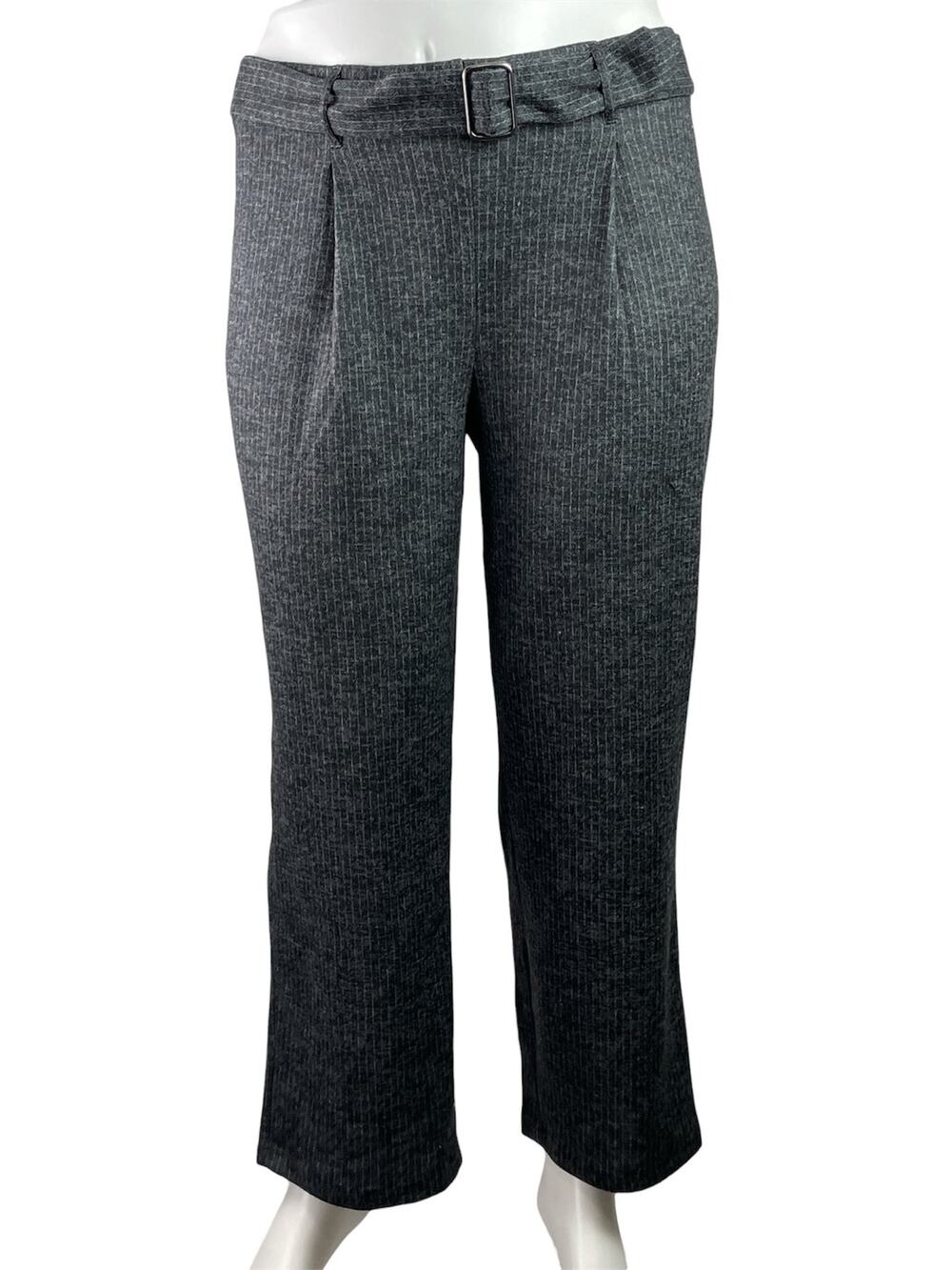 New York Clothing Black Striped Pleated Belted Straight Leg Trousers Pants Sz 1X